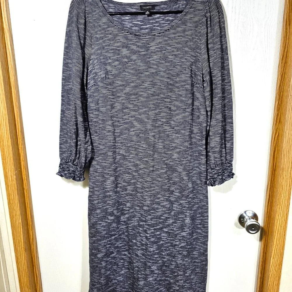 TALBOTS NAVY BLUE & WHITE Striped Cotton Boho Long Sleeve Sheath Dress Size M - Picture 6 of 6